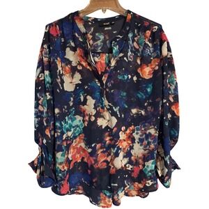 ANA A NEW APPROACH Women's‎ Navy Blue Floral Print Long Sleeve V-Neck Blouse XL